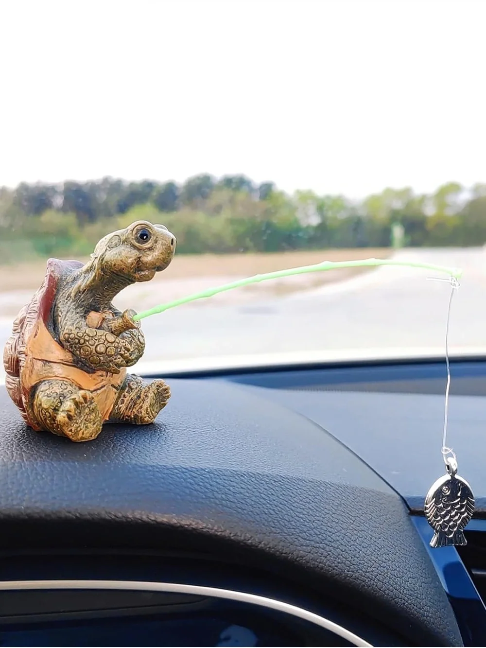 Turtle Figurine with Fishing Rod - Decorative Reptile Accent in Green and Brown